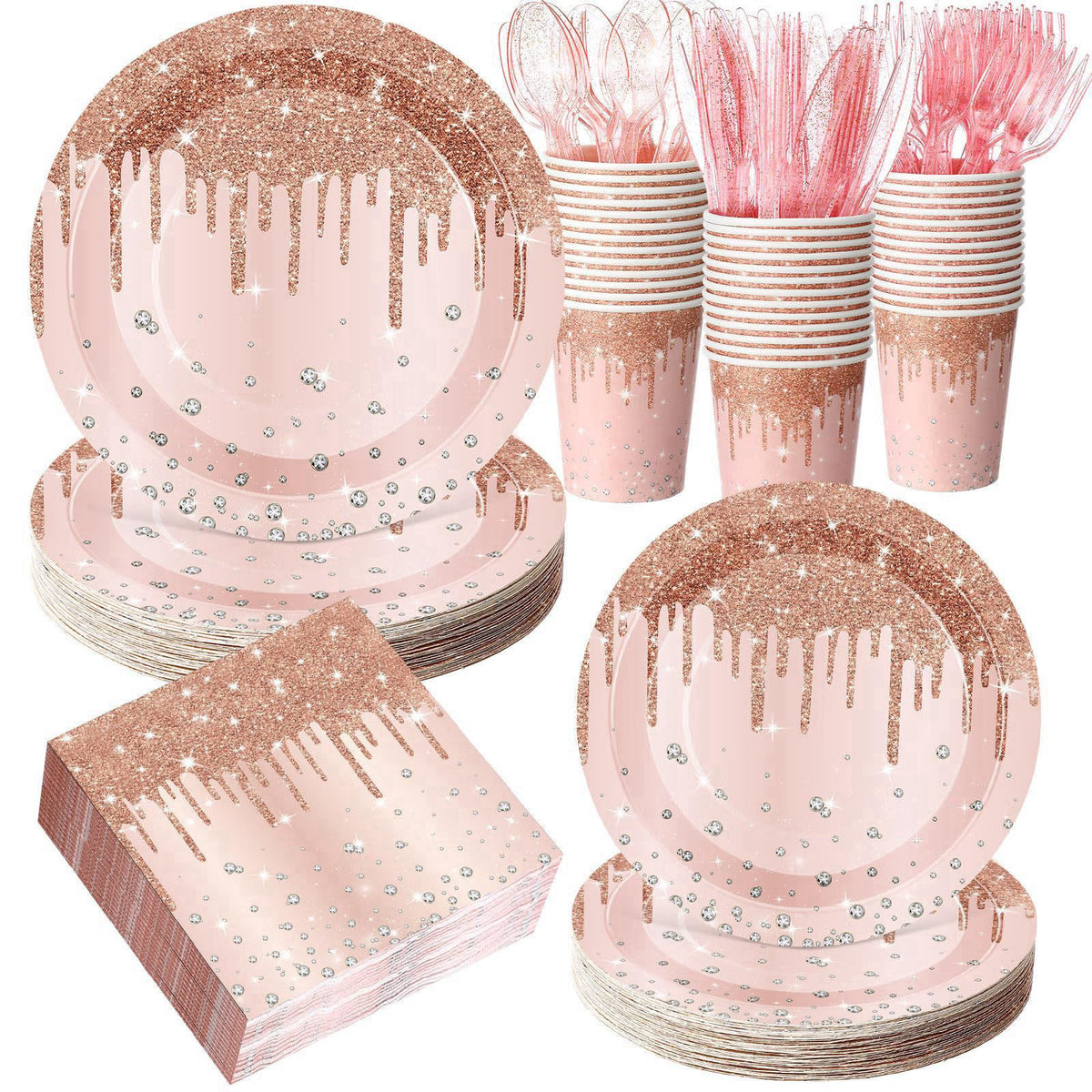 Sunnychicc 400 Pcs Gold Birthday Party Supplies Disposable Paper Plates Glitter Diamonds Napkins and Cups for Women Birt