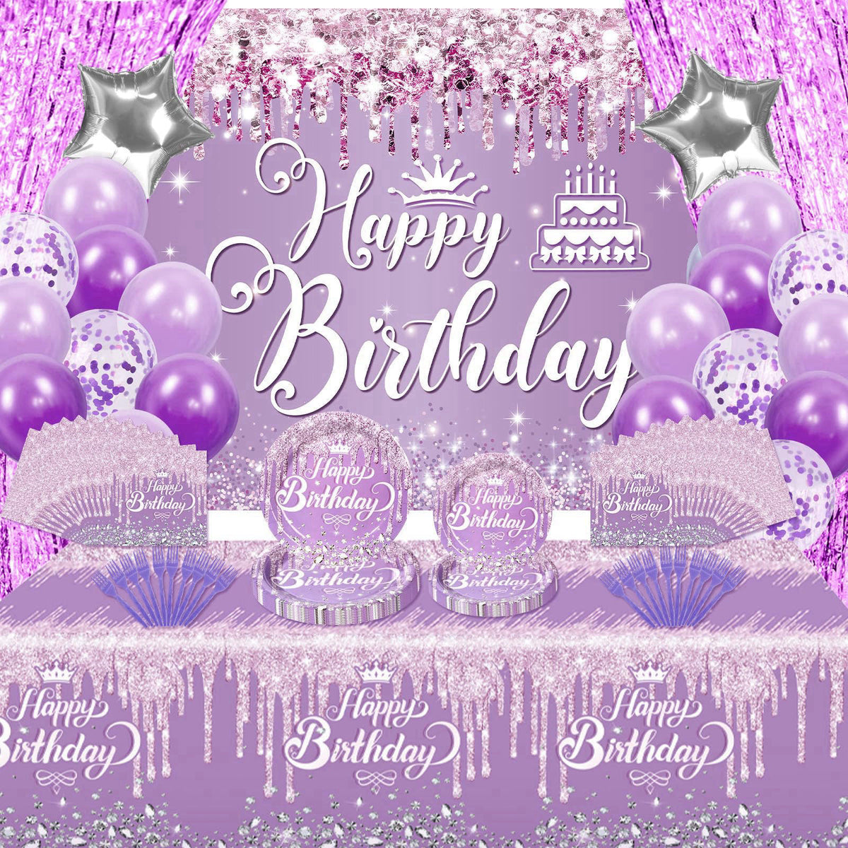 Wayyogh 116 Pcs Purple Silver Birthday Decorations for Women Girls, Happy Birthday Banner Foil Balloons Plates Cups Napk