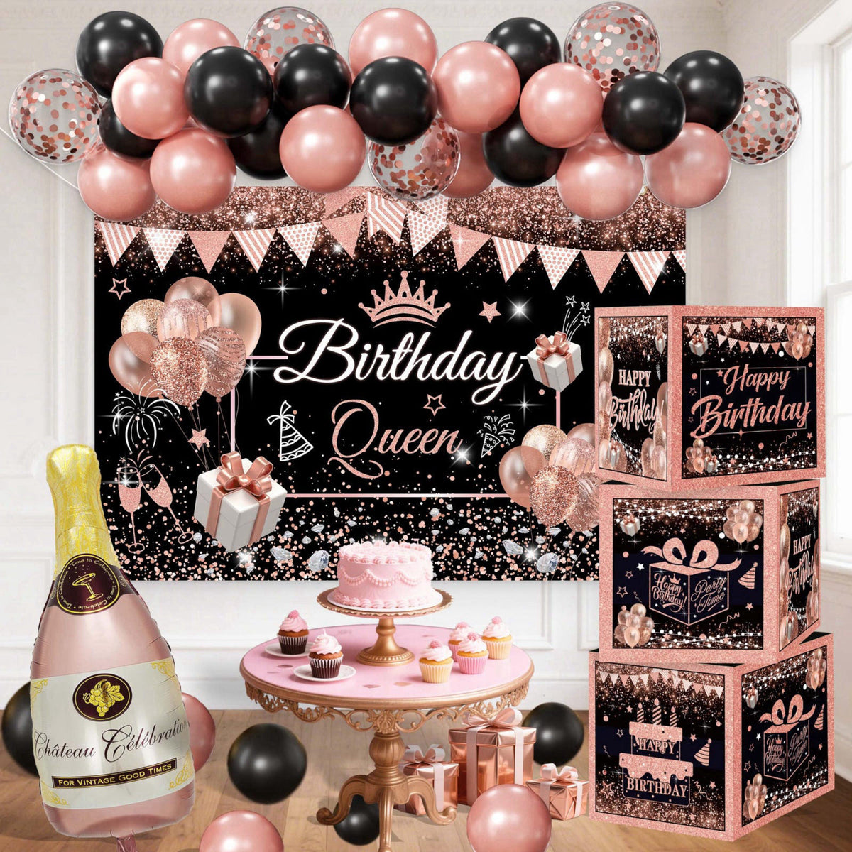 jenlion Happy Birthday Party Decorations for Women,Black PInk Balloons,Birthday Box Decor,Backdrop,Beers Foil Balloon – 