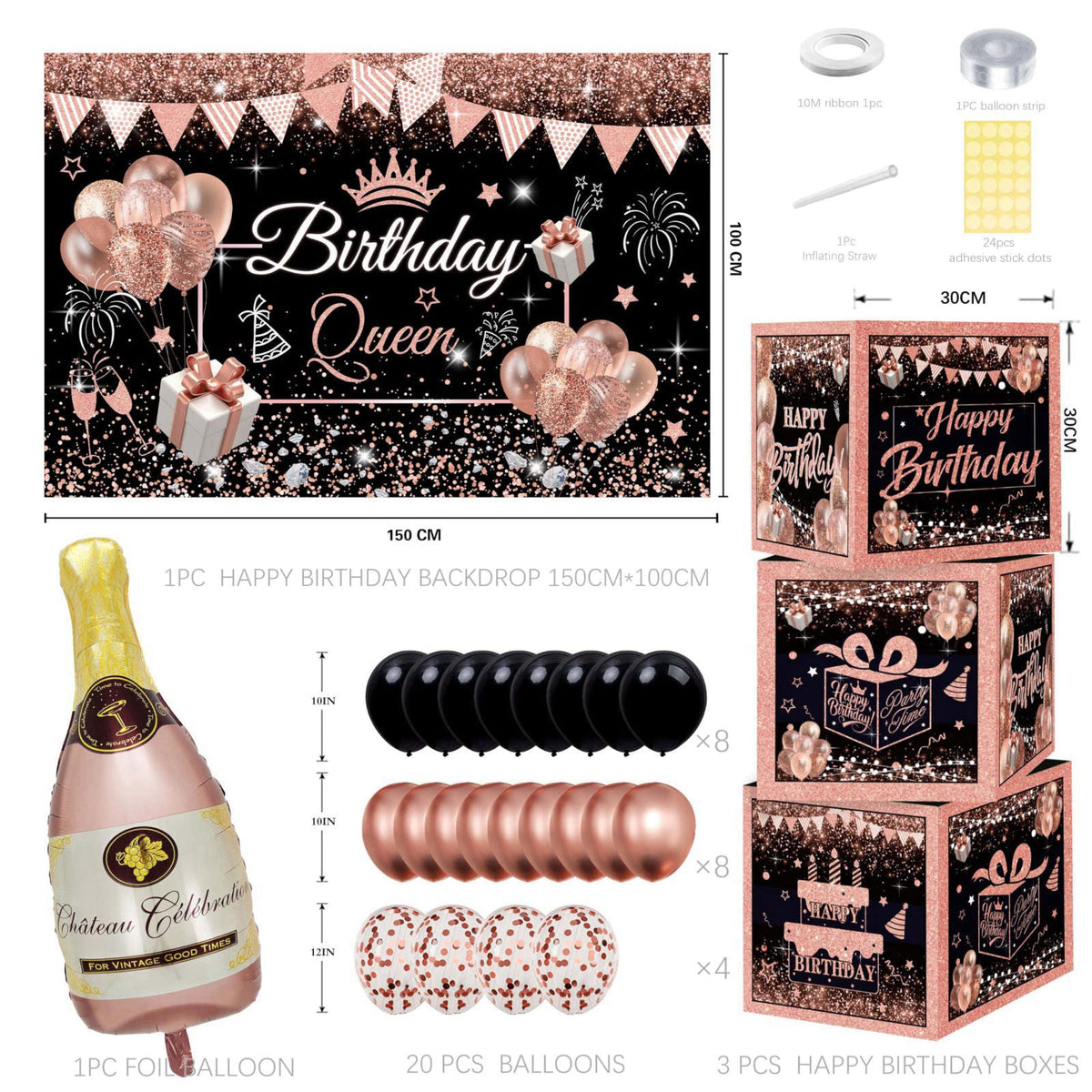 jenlion Happy Birthday Party Decorations for Women,Black PInk Balloons,Birthday Box Decor,Backdrop,Beers Foil Balloon – 
