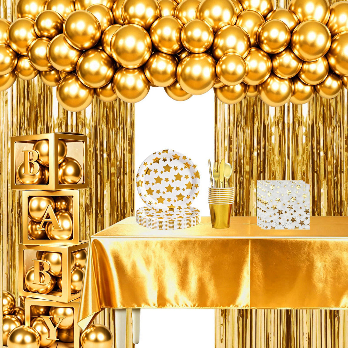 ZSYFXT 283PCS Gold Star Stamping Disposable Party Tableware Set for 20 Guests, Disposable Paper Plates Cups Napkins Cutl
