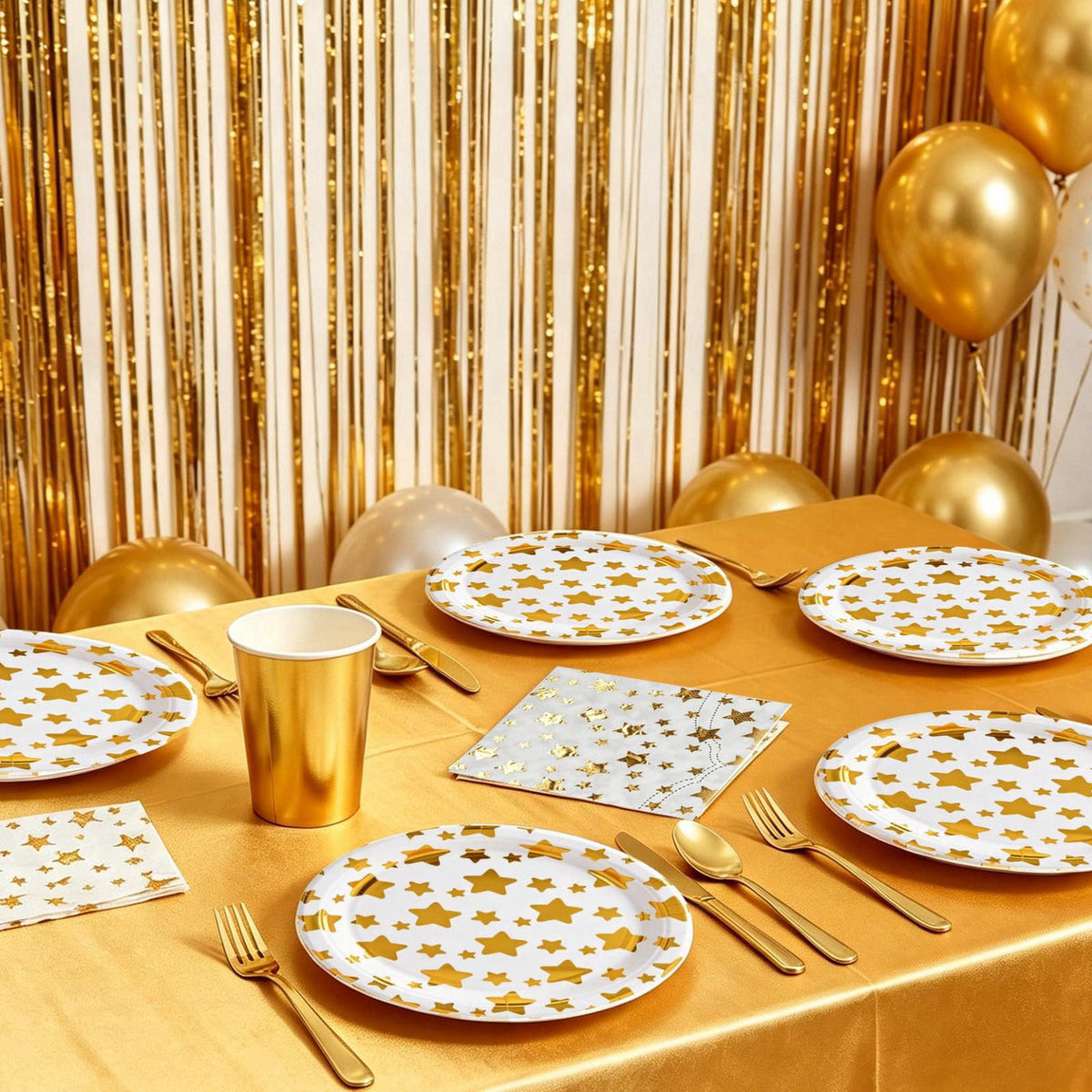 ZSYFXT 283PCS Gold Star Stamping Disposable Party Tableware Set for 20 Guests, Disposable Paper Plates Cups Napkins Cutl