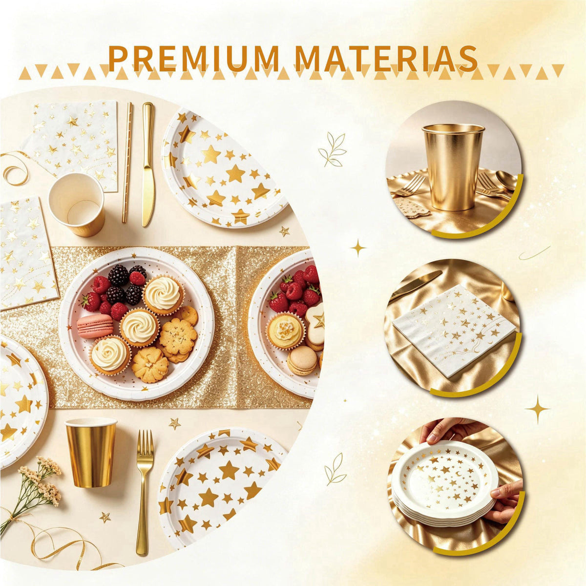 ZSYFXT 283PCS Gold Star Stamping Disposable Party Tableware Set for 20 Guests, Disposable Paper Plates Cups Napkins Cutl