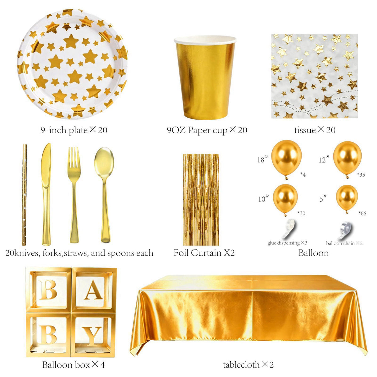 ZSYFXT 283PCS Gold Star Stamping Disposable Party Tableware Set for 20 Guests, Disposable Paper Plates Cups Napkins Cutl