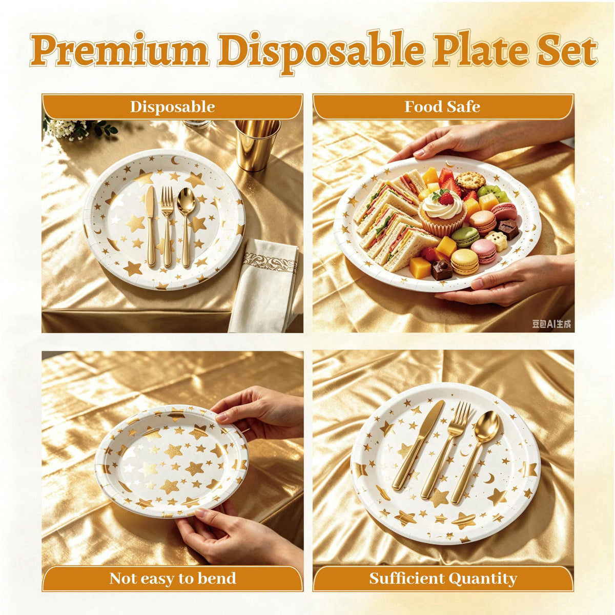 ZSYFXT 283PCS Gold Star Stamping Disposable Party Tableware Set for 20 Guests, Disposable Paper Plates Cups Napkins Cutl