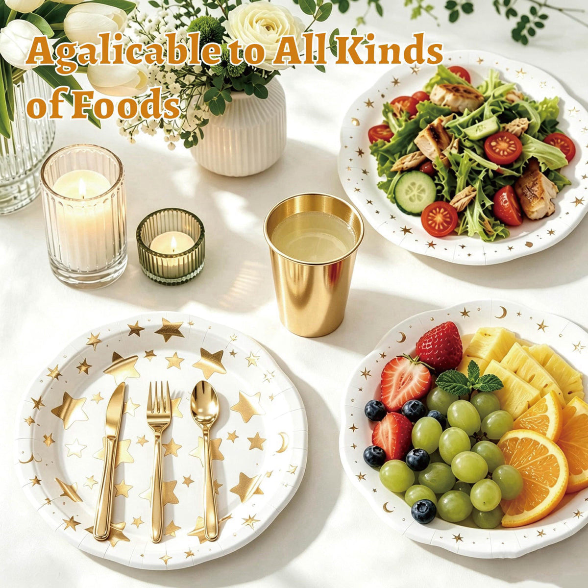 ZSYFXT 283PCS Gold Star Stamping Disposable Party Tableware Set for 20 Guests, Disposable Paper Plates Cups Napkins Cutl