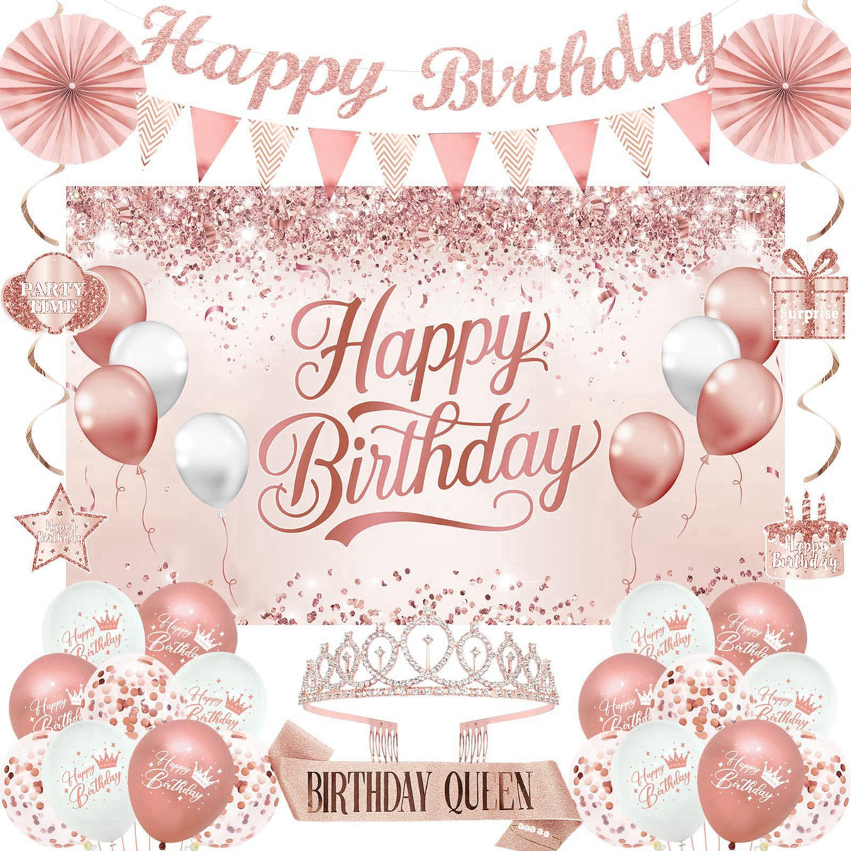 Trgowaul Birthday Decorations Party Set for Women Girls, Rose Gold Happy Birthday Banner, Sash and Tiara, Pink Balloons,
