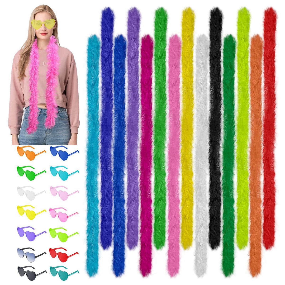 TANEMUDO 28 Pcs 5 Ft Feather Boas and Heart Sunglasses Set 14 Colors Artificial Fluffy Boas for Women Bachelorette, Hall