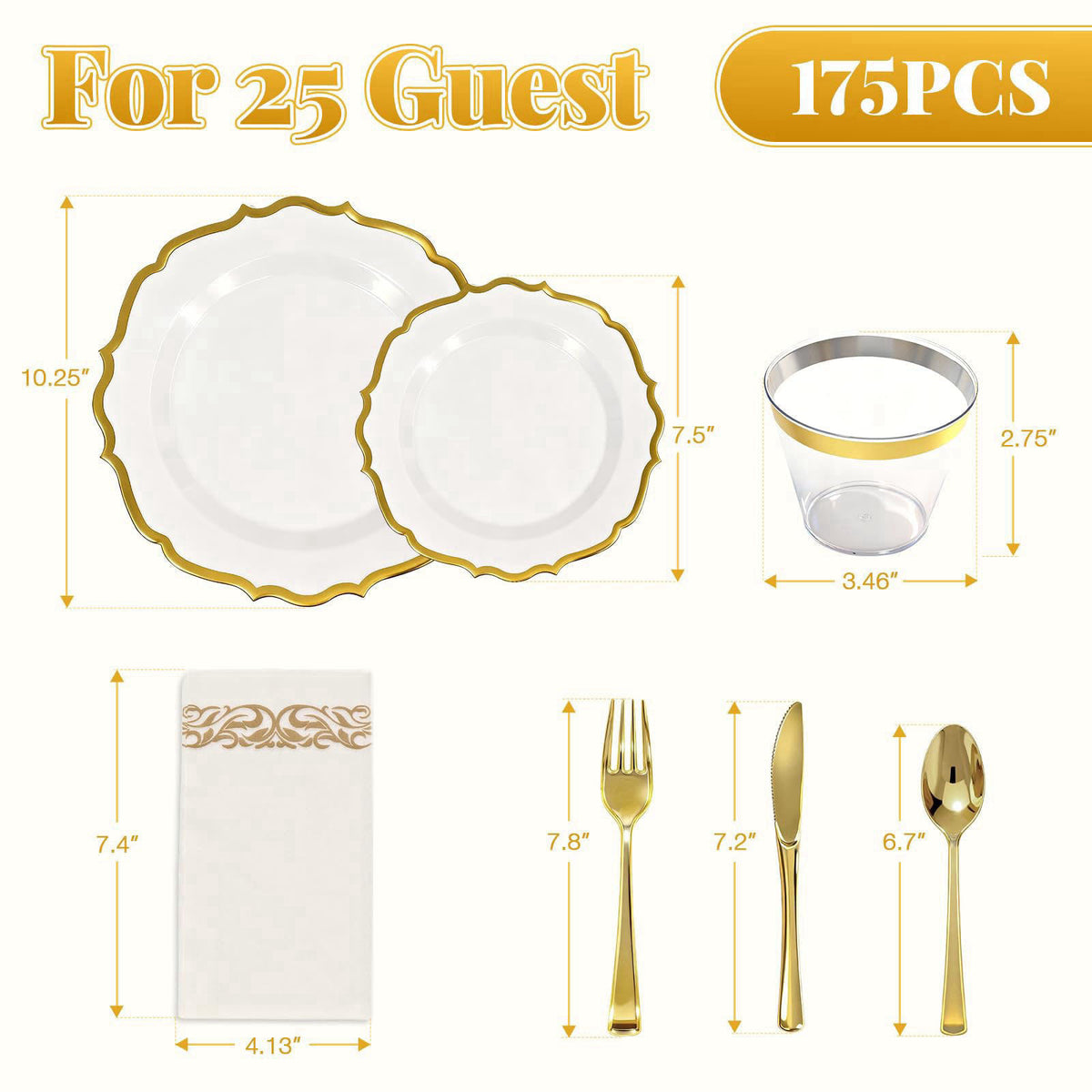 Glowserve 175 Piece Disposable Plastic Plates Dinnerware Set for 25 Guests – packaging and label