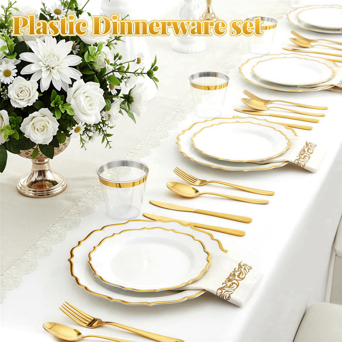 Glowserve 175 Piece Disposable Plastic Plates Dinnerware Set for 25 Guests – back view and specifications