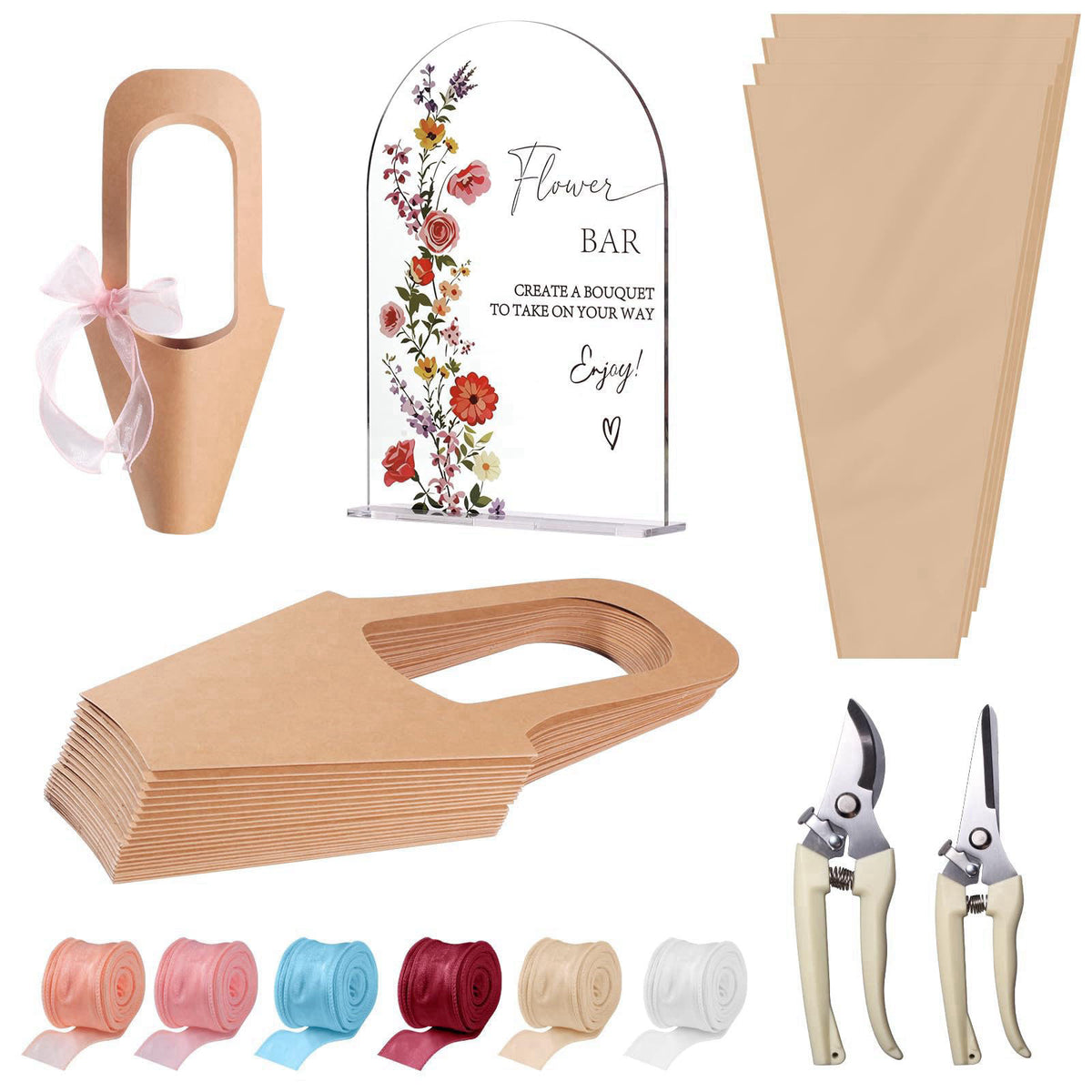 Finanovs 59 Pcs Flower Bar Supplies Kit, Acrylic Sign, Kraft Bouquet Wrapping Bags with Handle, Chiffon Ribbons & Floral