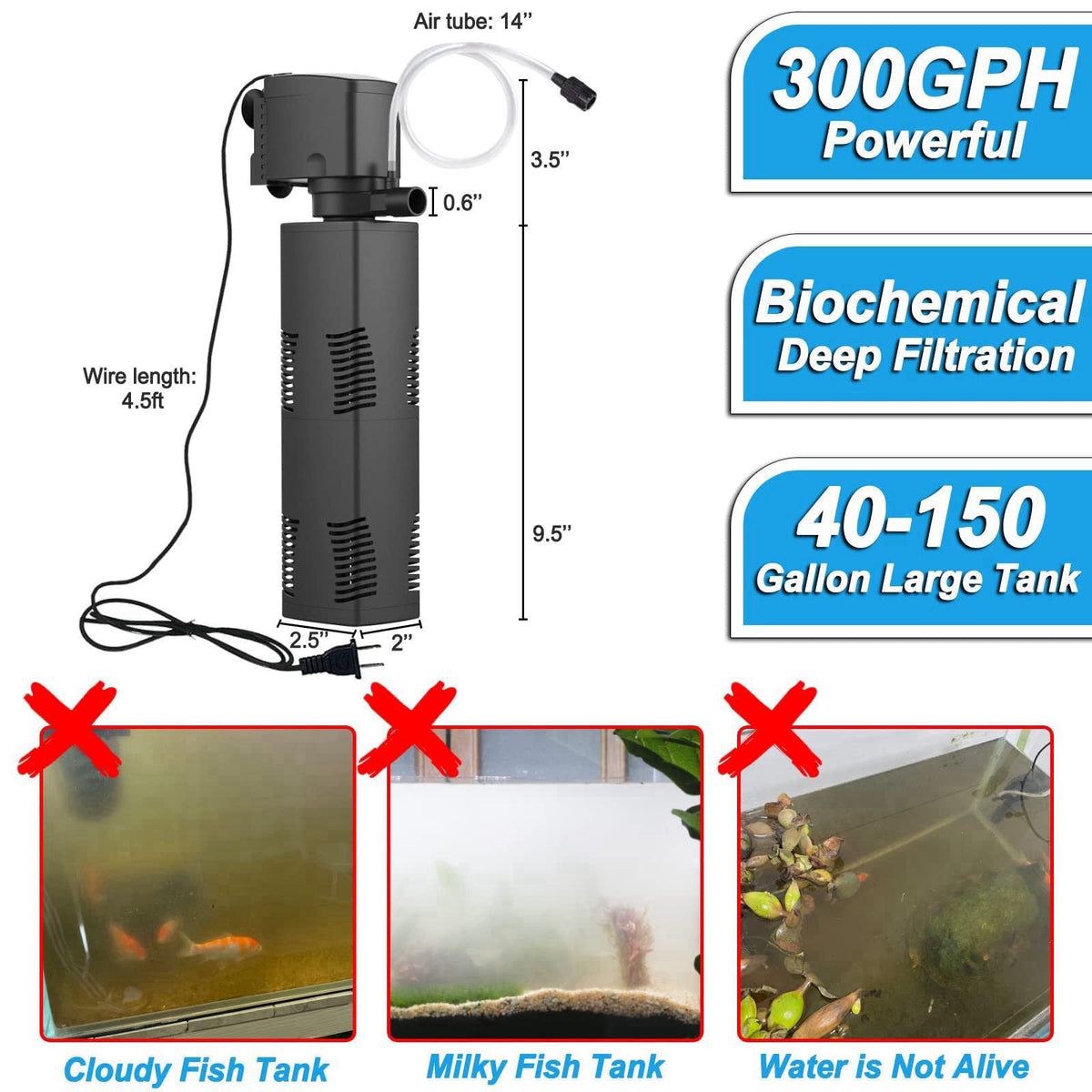 TARARIUM Aquarium Filter for 55-150 Gal. Tank Crystal 300GPH Biochemical Filtration Powerful Pump Submersible Internal F