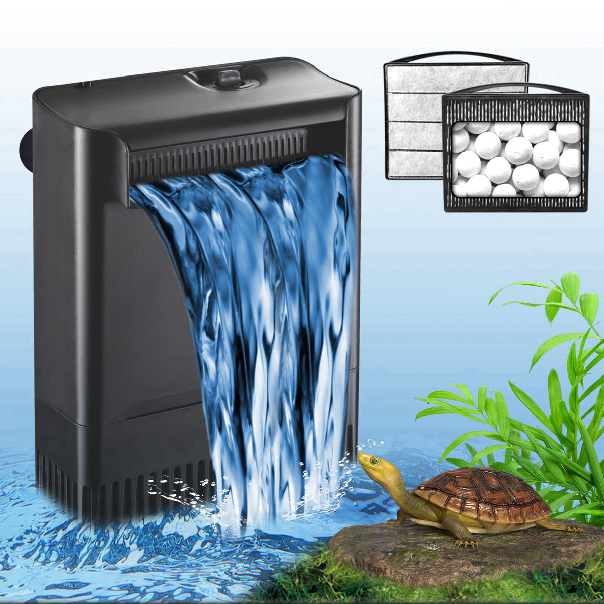 TARARIUM IX-120 Turtle Tank Filter Aquarium Filter Power Adjustable 30-55 Gal. 290GPH Large Internal Filter 3-Stage Wate