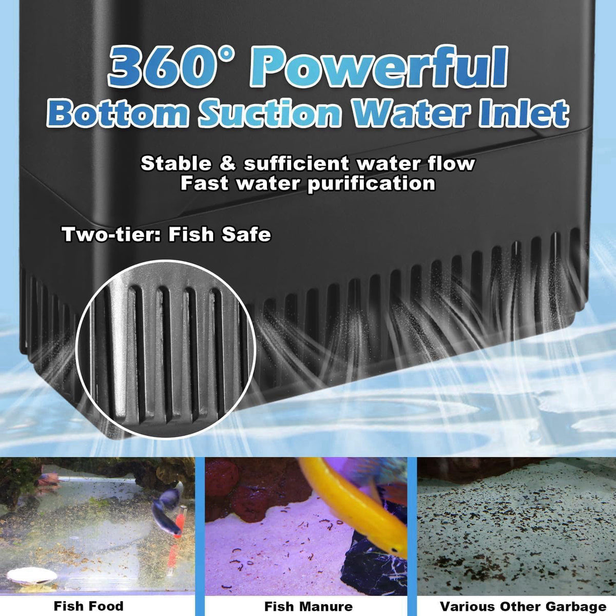 TARARIUM IX-120 Turtle Tank Filter Aquarium Filter Power Adjustable 30-55 Gal. 290GPH Large Internal Filter 3-Stage Wate