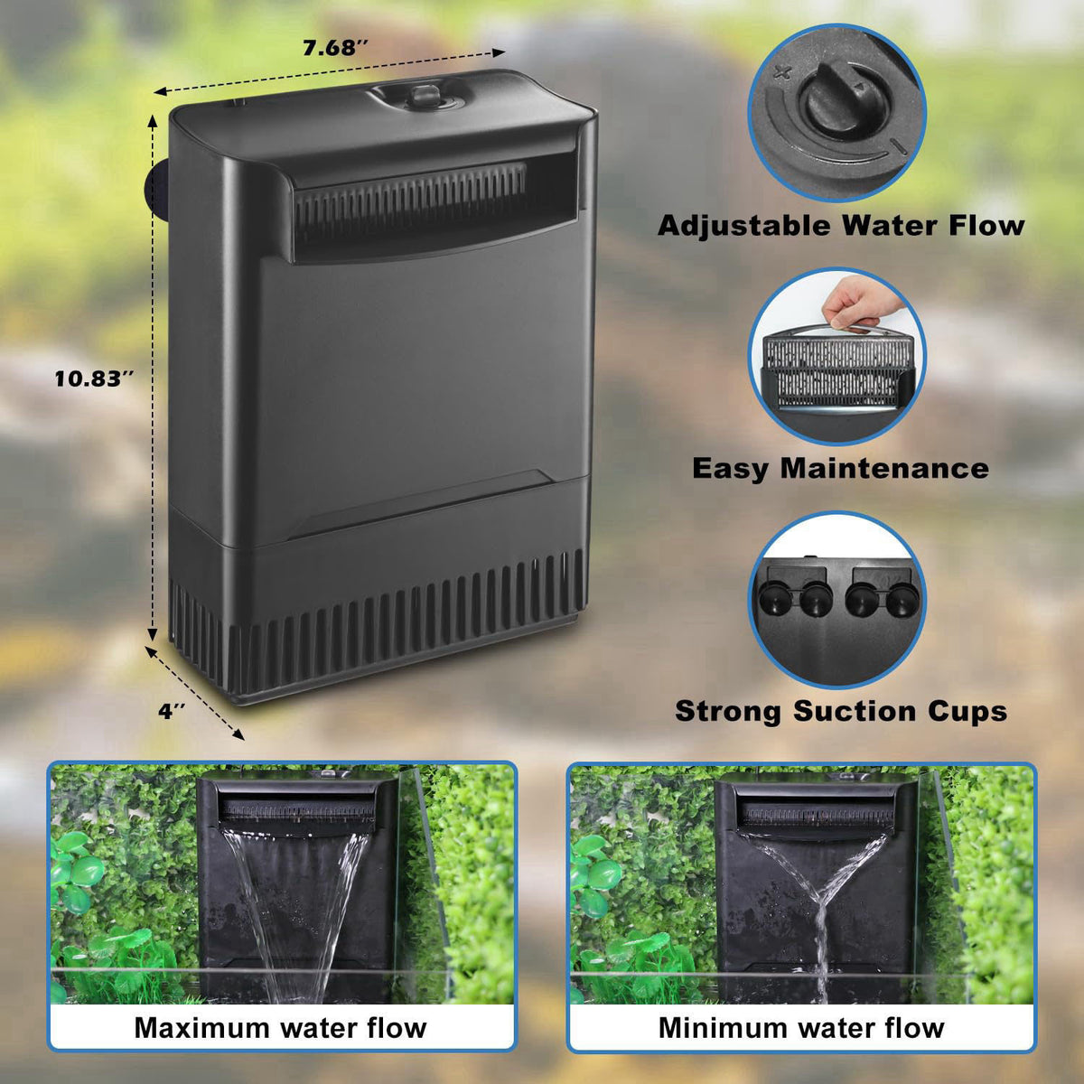 TARARIUM IX-120 Turtle Tank Filter Aquarium Filter Power Adjustable 30-55 Gal. 290GPH Large Internal Filter 3-Stage Wate