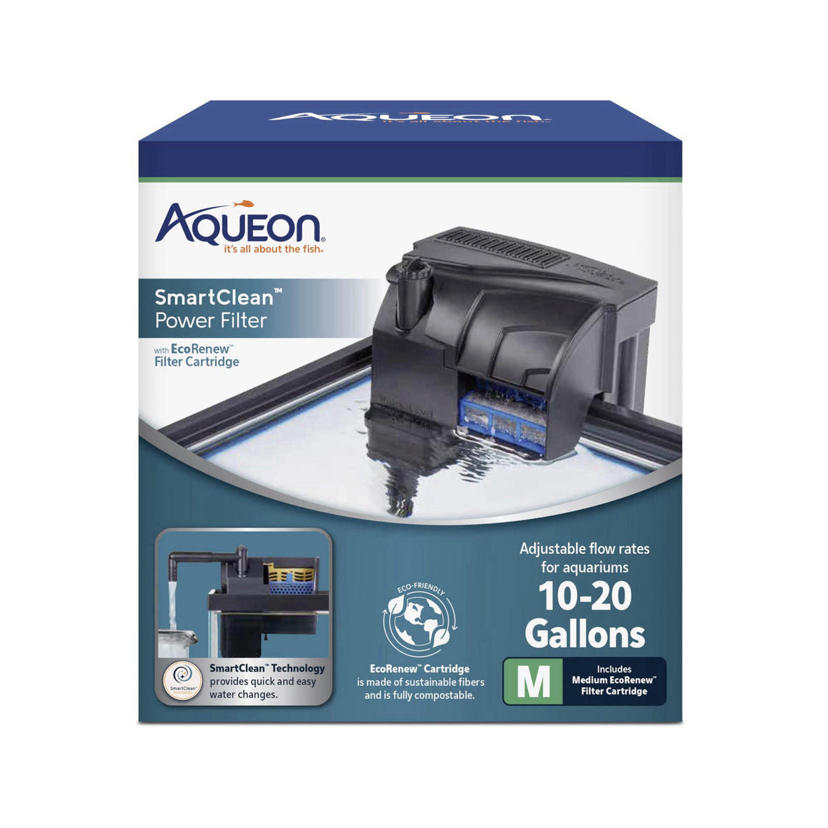 Aqueon SmartClean Power Filter with EcoRenew Filter Cartridge, Quick and Easy Water Changes, Quiet Operation, Adjustable