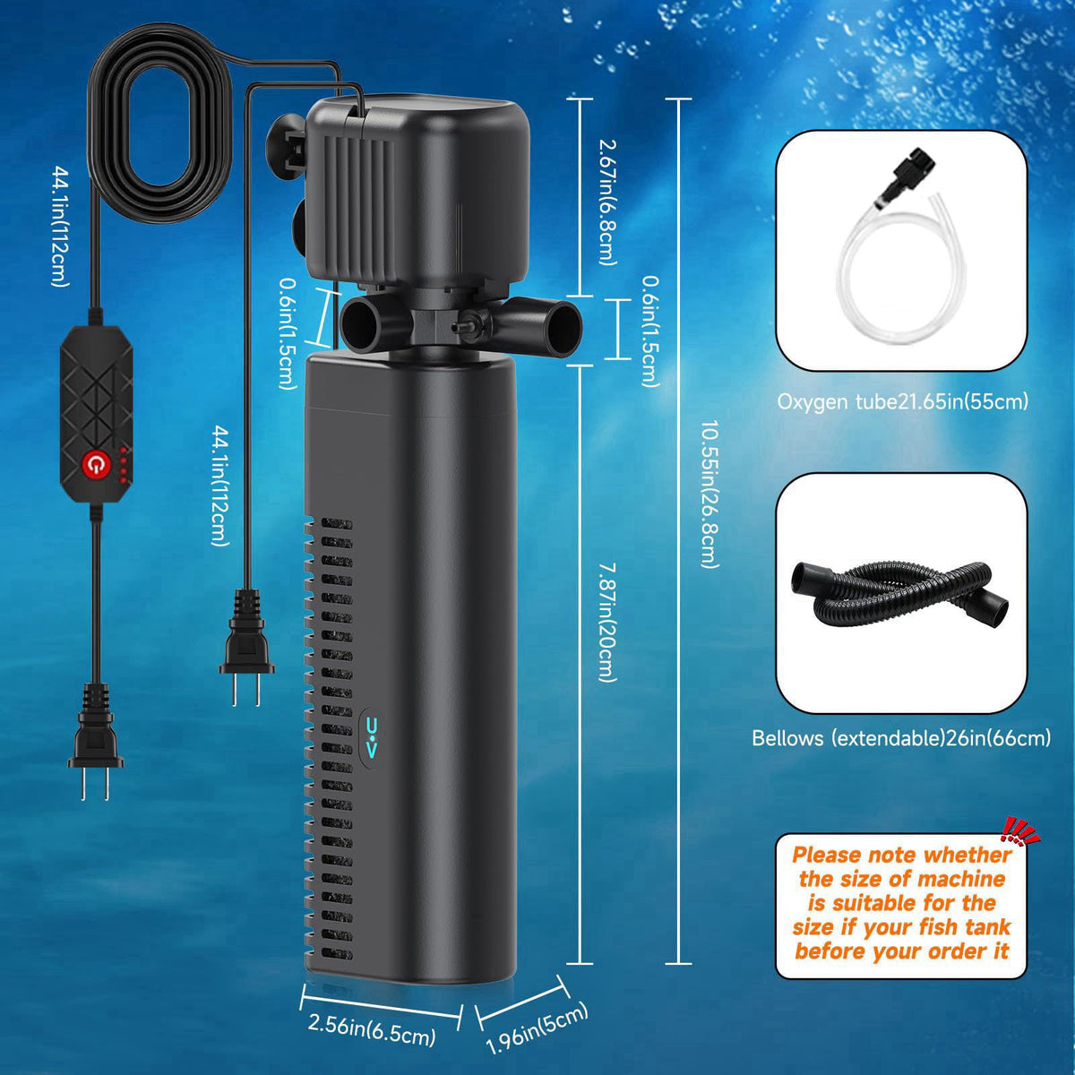 SYSENCIAGA 25W UV Aquarium Filter, 200 GPH Pump with Timer for 20-75 Gal Tanks – back view and specifications