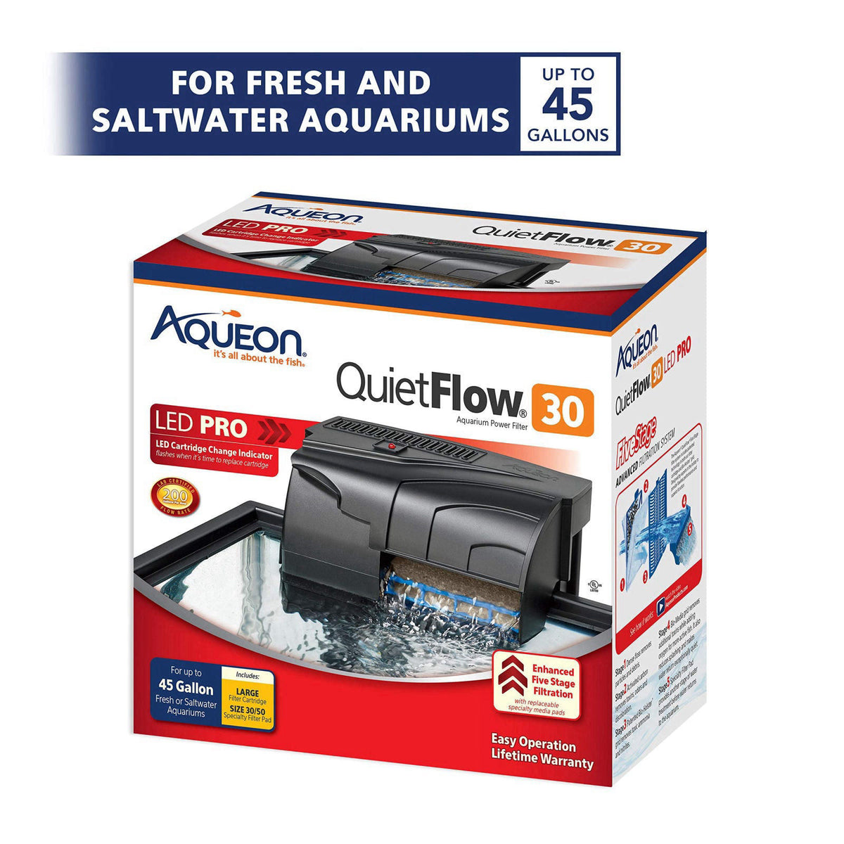 Aqueon QuietFlow 30 LED PRO Aquarium Fish Tank Power Filter For Up To 45 Gallon Aquariums – packaging and label