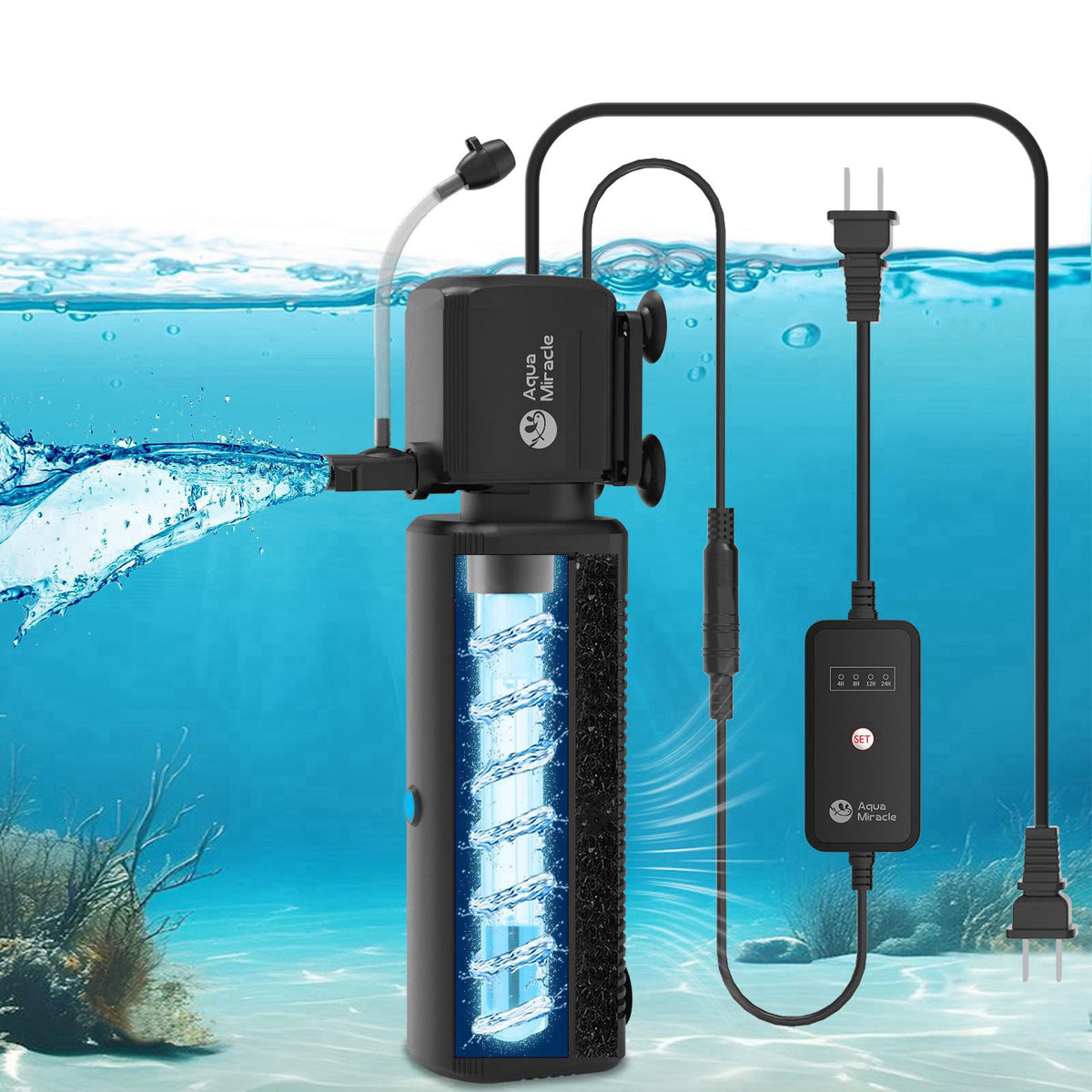 AquaMiracle Aquarium Filter with U - V Light & Filter Sponge, Fish Tank Filter with Timer for Green Water, Turtle Filter