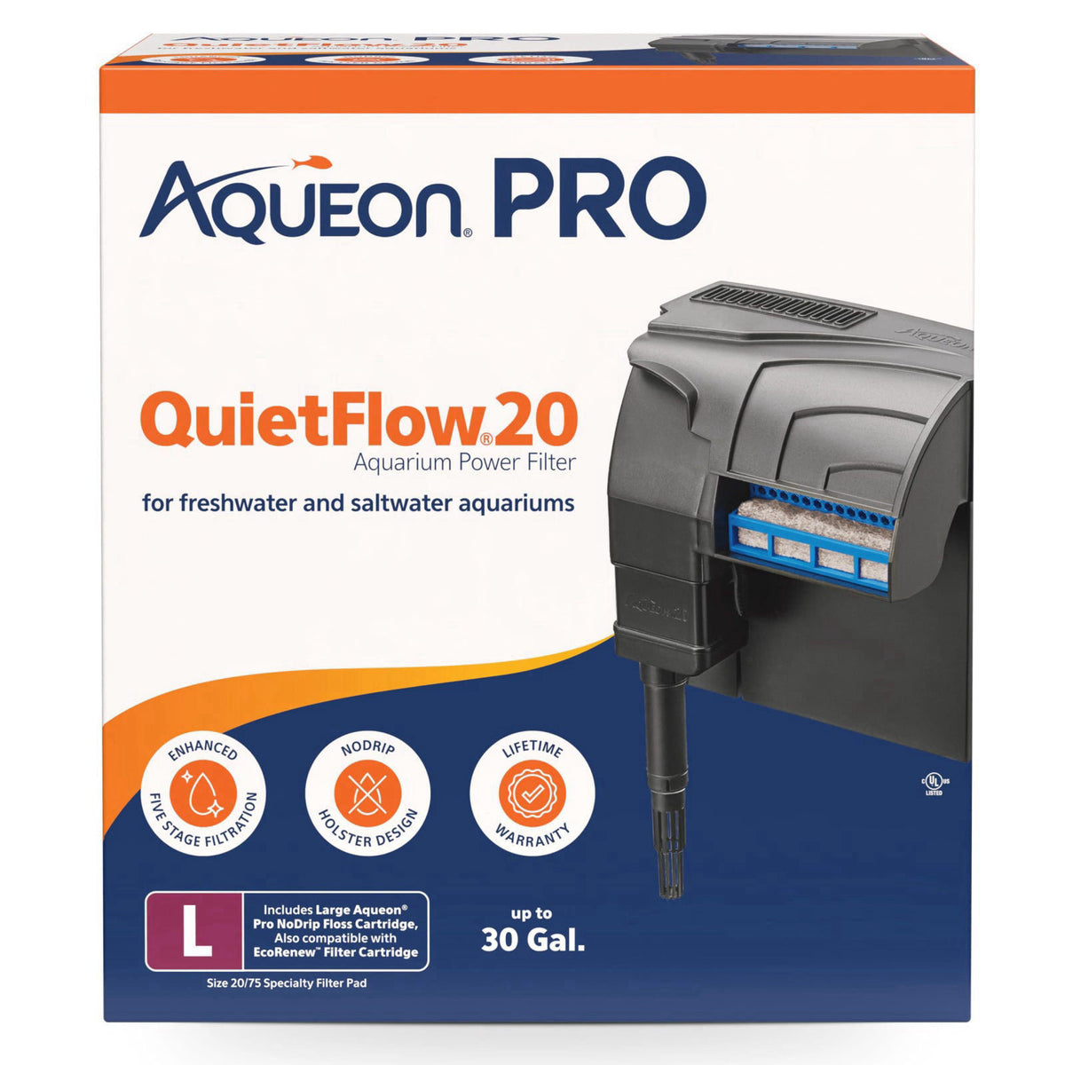 Aqueon QuietFlow 20 LED PRO Aquarium Fish Tank Power Filter For Up To 30 Gallon Aquariums