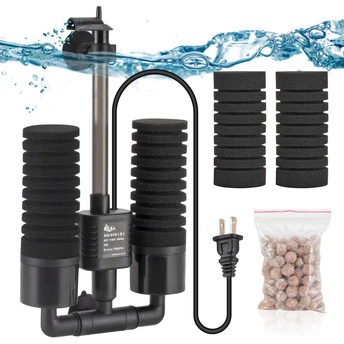 AQQA Electric Sponge Filter for Aquarium, 10-40 Gallon Fish Tank Filter, 3W – Black, 0-160 gal Aquarium 20-50 gallon 3–1