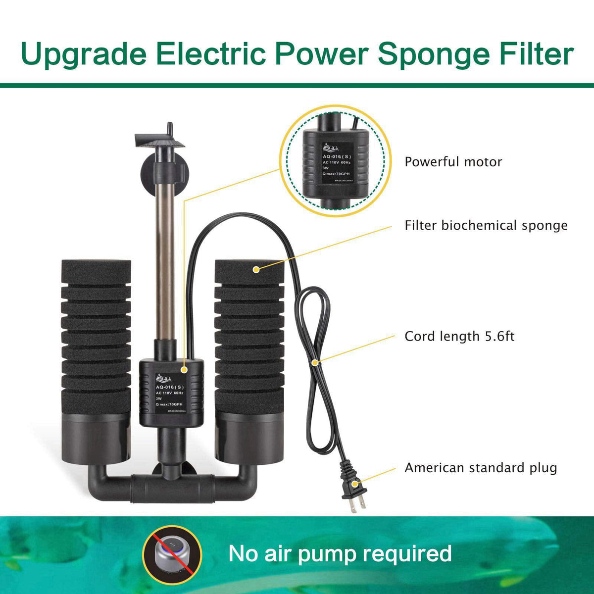 AQQA Electric Sponge Filter for Aquarium, 10-40 Gallon Fish Tank Filter, 3W – close-up detail in Black