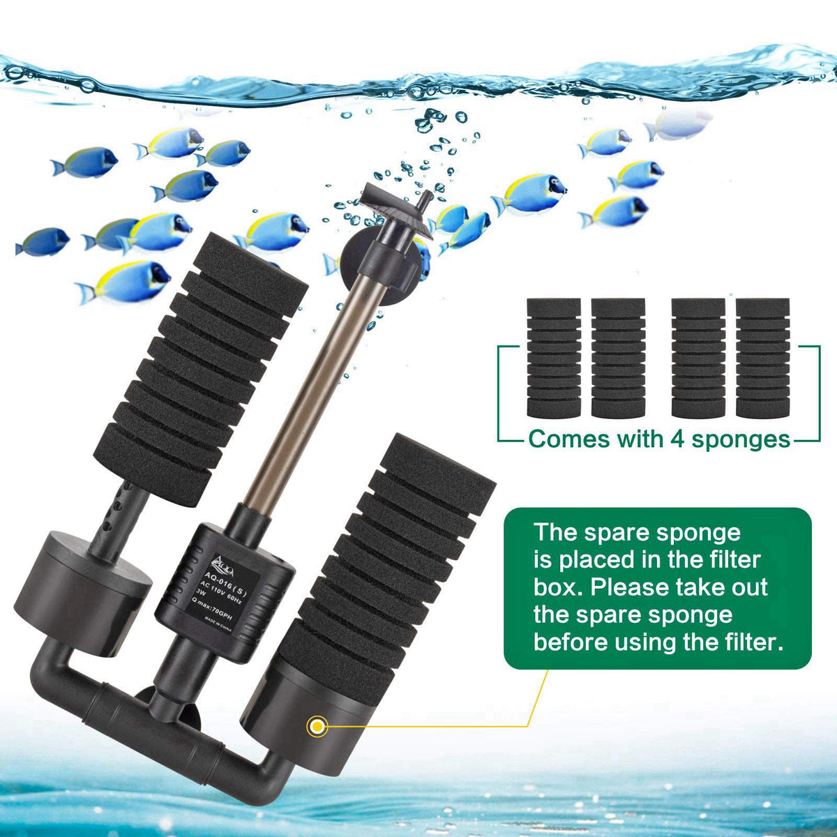 AQQA Electric Sponge Filter for Aquarium, 10-40 Gallon Fish Tank Filter, 3W – back view and specifications