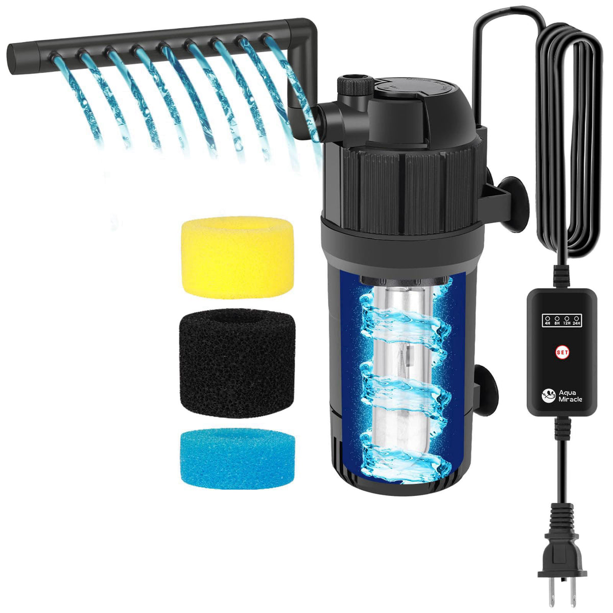 AquaMiracle Aquarium Filter for Green Water, U - V Fish Tank Filters with Timer (4/8/12/24 Hrs), Dual Mode (Aeration/Rai