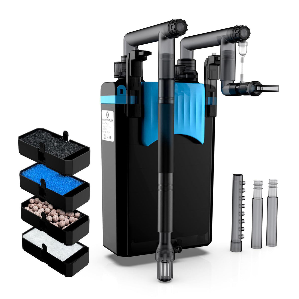 FZONE HOB Aquarium Filter 106 GPH 4-Stage Filtration Adjustable Flow (S) – Blue, S