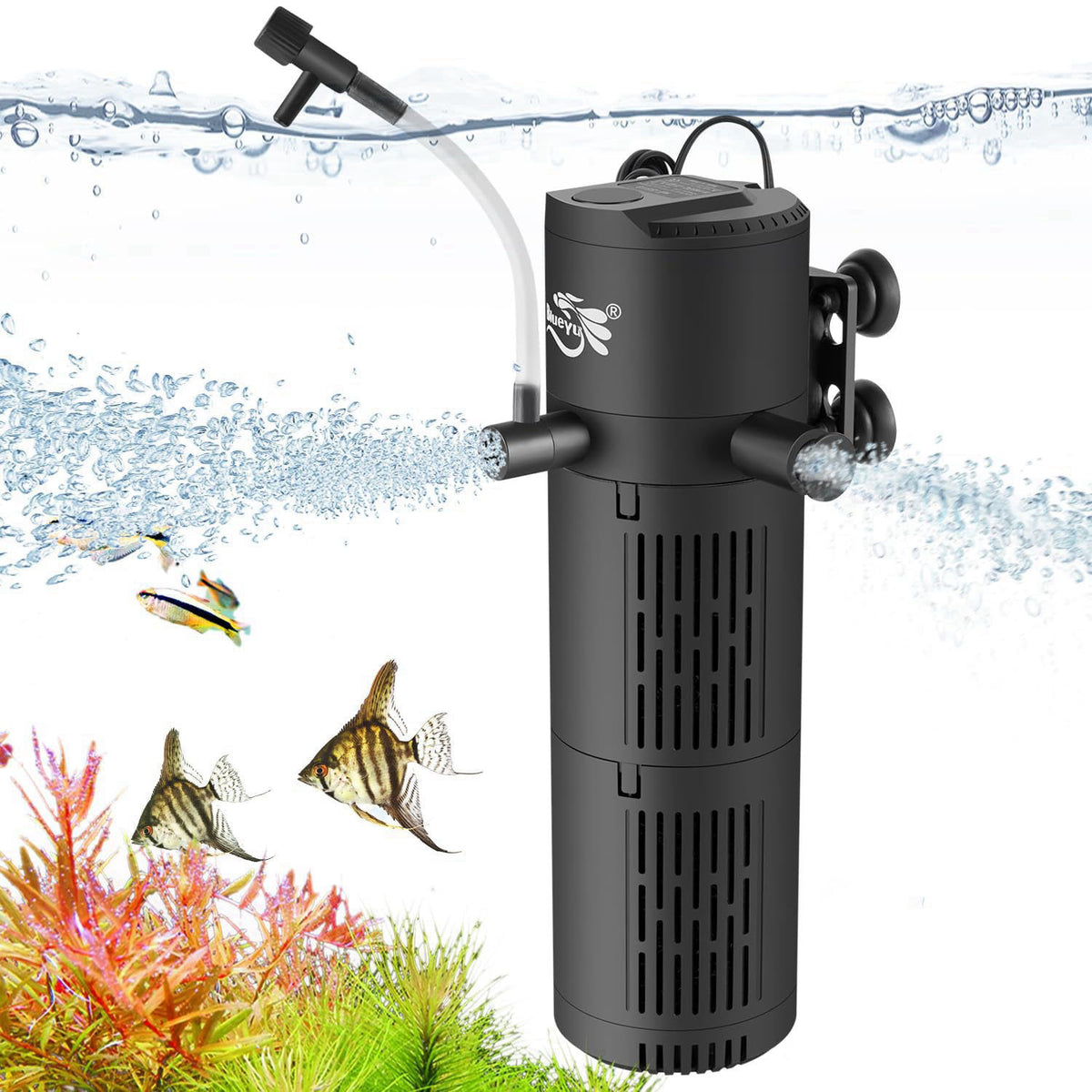 BlueYu Aquarium Filter, Fish Tank Filter 4-in-1 for 30-80 Gallon Tanks, Submersible Internal Filter with Wave-Maker, Oxy