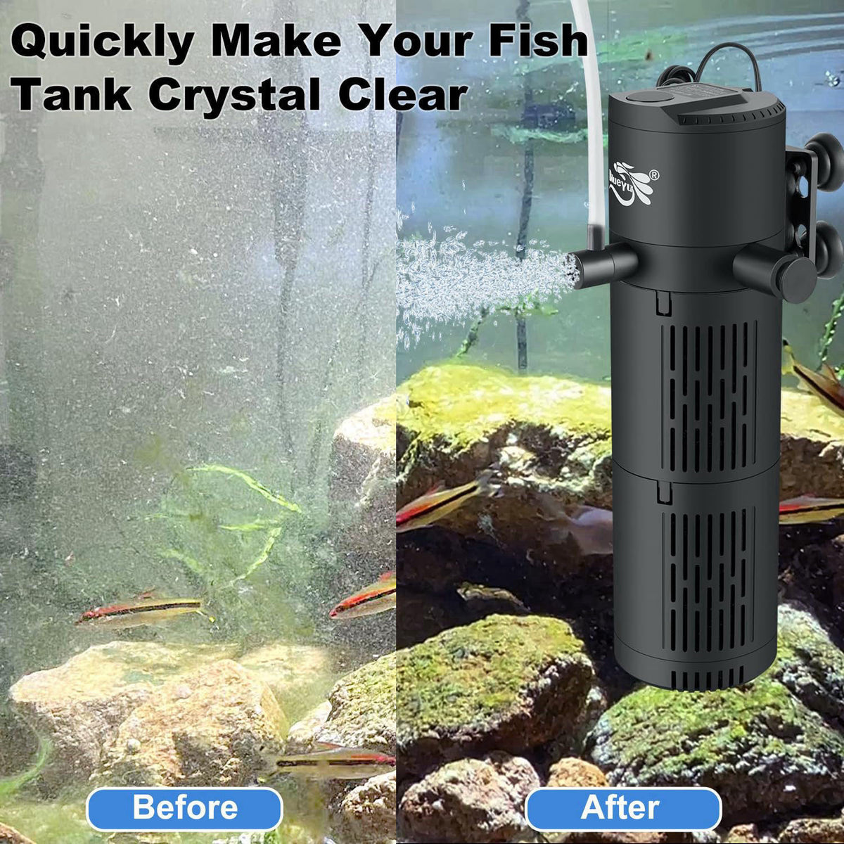 BlueYu Aquarium Filter, Fish Tank Filter 4-in-1 for 30-80 Gallon Tanks, Submersible Internal Filter with Wave-Maker, Oxy
