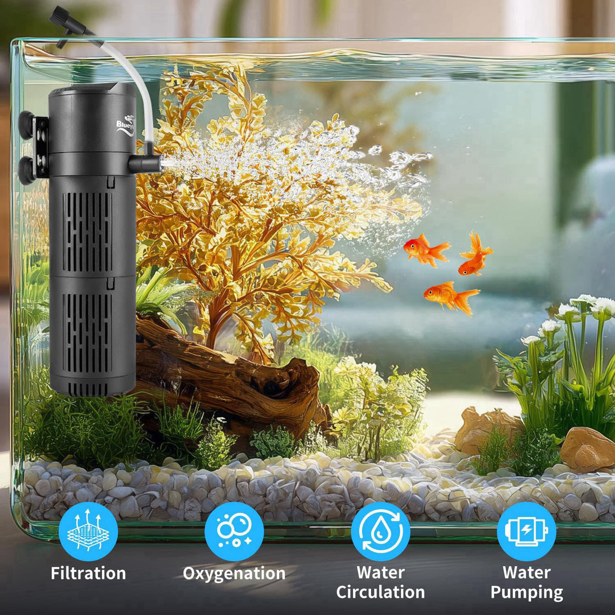 BlueYu Aquarium Filter, Fish Tank Filter 4-in-1 for 30-80 Gallon Tanks, Submersible Internal Filter with Wave-Maker, Oxy