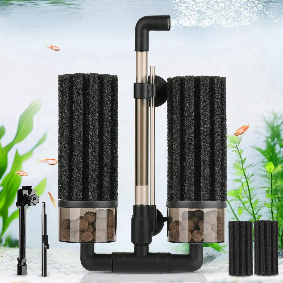 hygger Aquarium Double Sponge Filter: Upgraded Sponge Filter with Larger Filtration Area, Come with Extendable Clip, 2 S