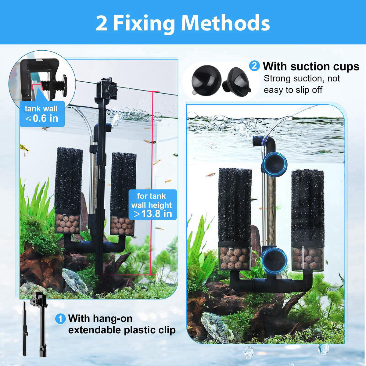 hygger Aquarium Double Sponge Filter: Upgraded Sponge Filter with Larger Filtration Area, Come with Extendable Clip, 2 S