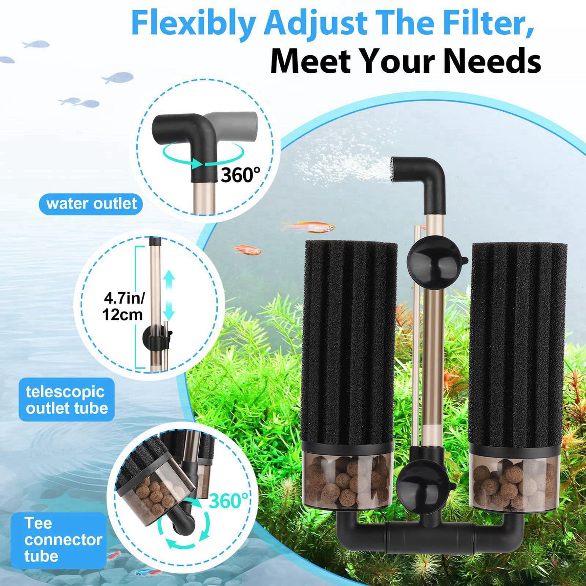 hygger Aquarium Double Sponge Filter: Upgraded Sponge Filter with Larger Filtration Area, Come with Extendable Clip, 2 S