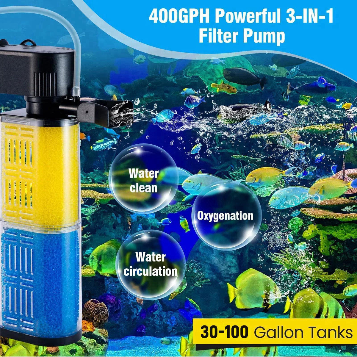 OQTTNEO 3-in-1 Aquarium Filter for 30-100 Gallons Fish & Turtle Tank Filter – packaging and label