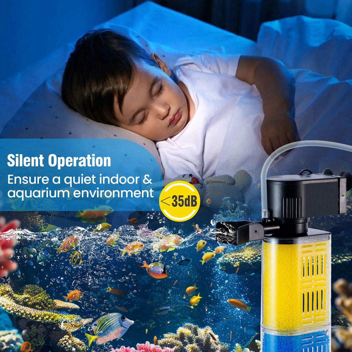OQTTNEO 3-in-1 Aquarium Filter for 30-100 Gallons Fish & Turtle Tank Filter – back view and specifications