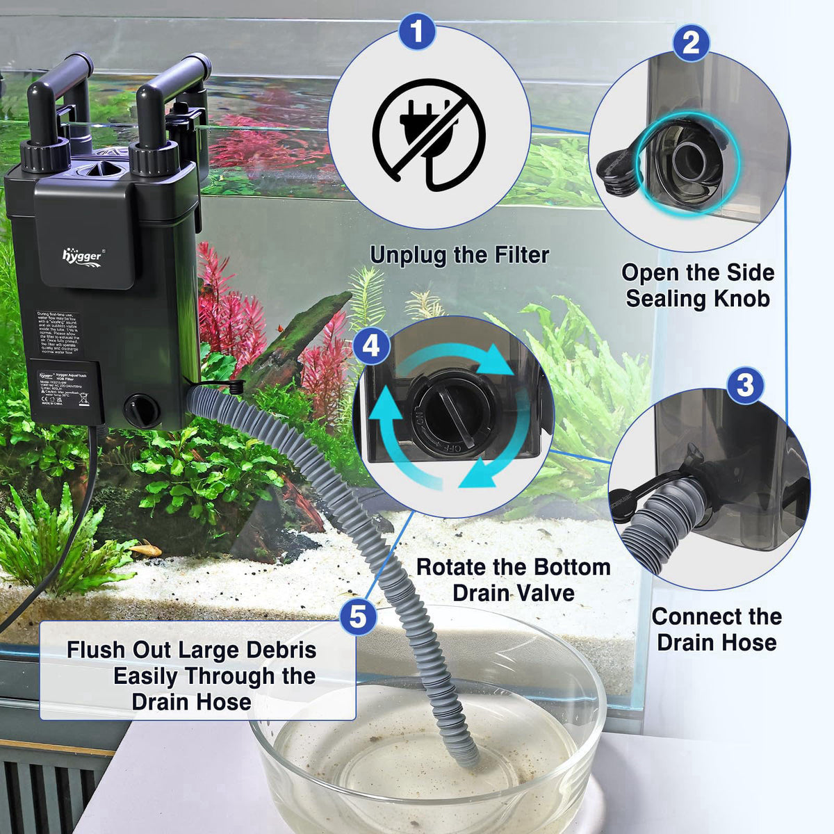 hygger Hang-On-Back Aquarium Filter with Debris Collection Chamber,Ultra Quiet Multi-Stage Filtration System Fish Tank F