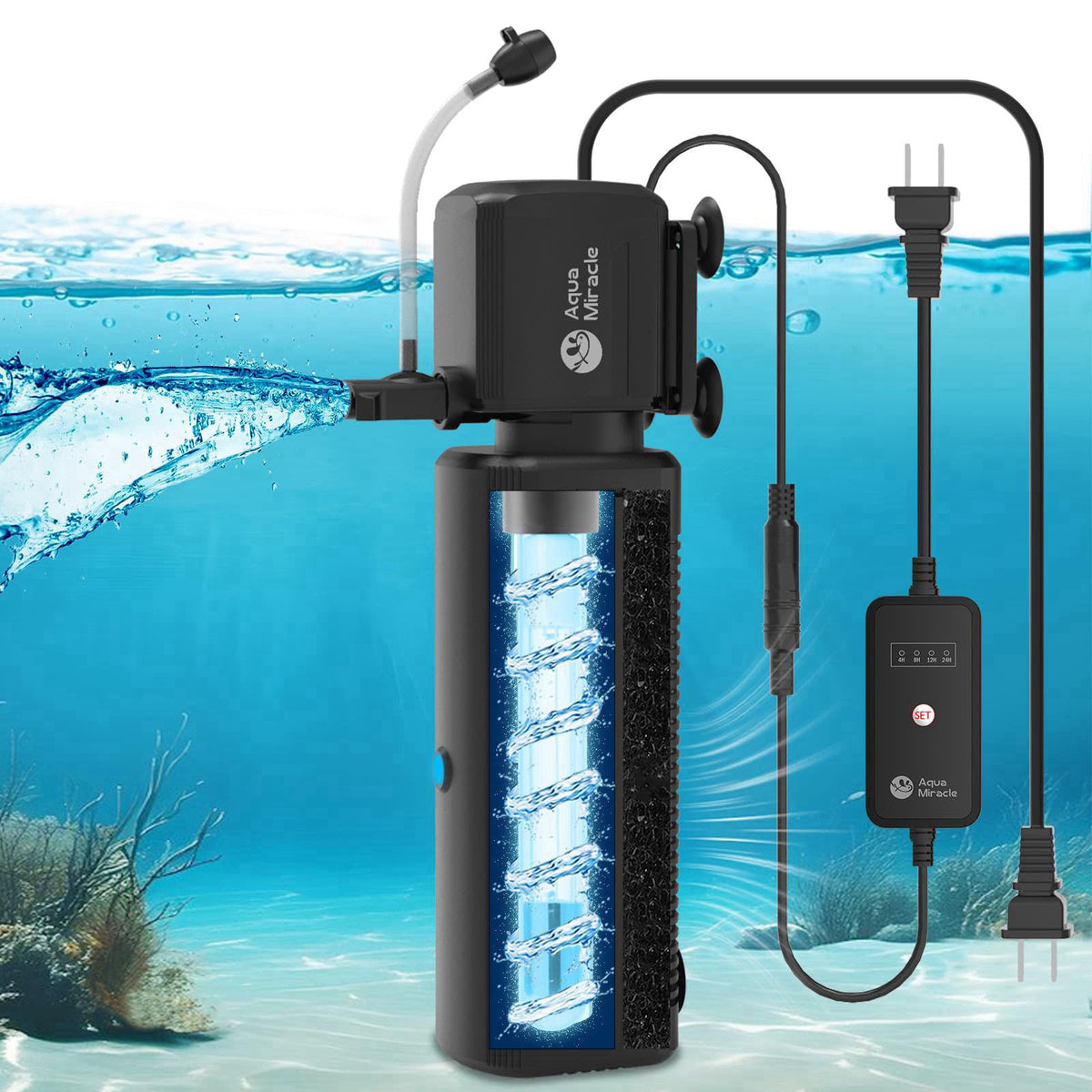 AquaMiracle Aquarium U-V Filter for Green Water Control with Timer, with Filter Sponge, Fish Tank Filter Turtle Filter w