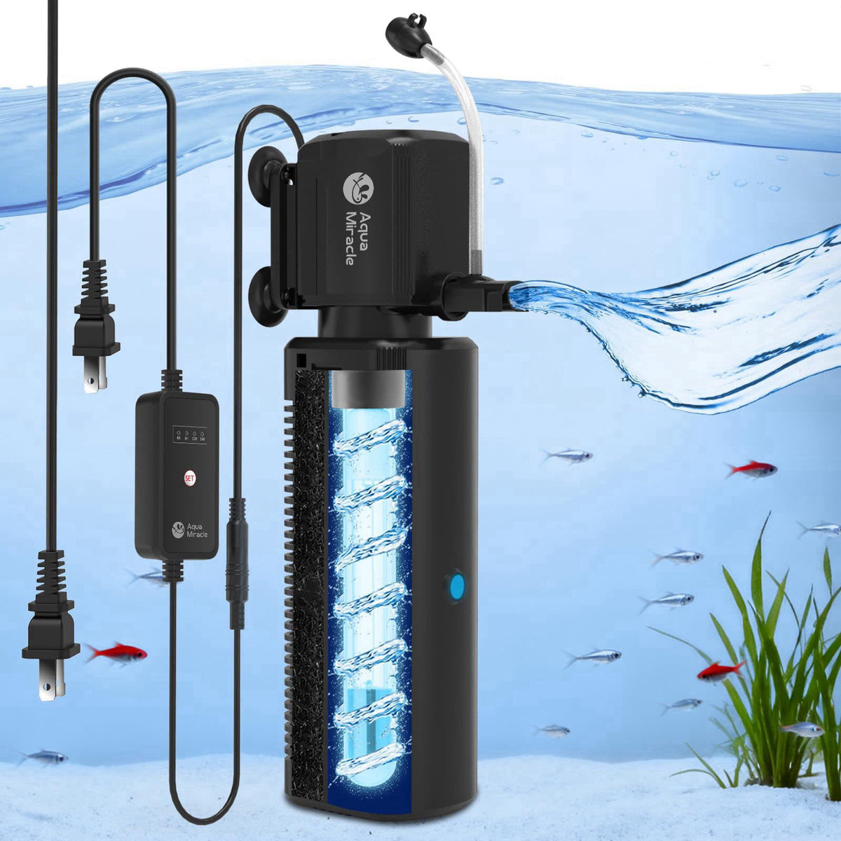 AquaMiracle 300GPH U -V Aquarium Filter with Timer for 60-150 Gal Fish Tank