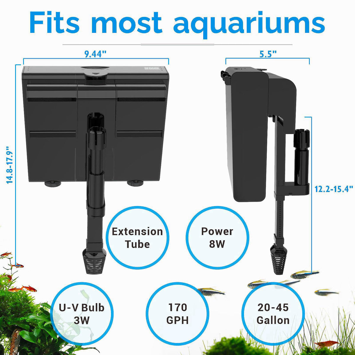 DEGGOX HOB Aquarium Filter 170GPH for 20-55 Gallon Fish Tank – close-up detail in black