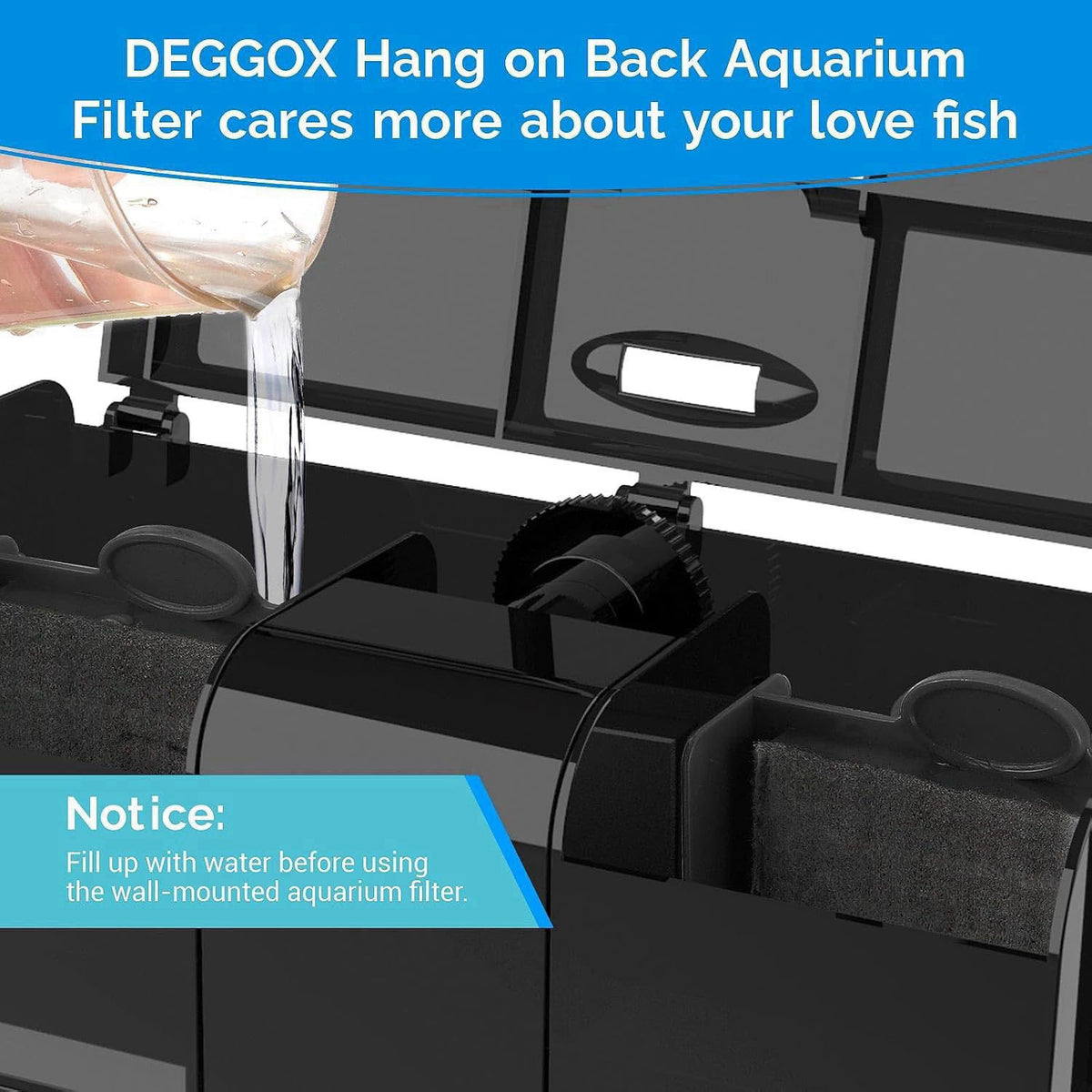 DEGGOX HOB Aquarium Filter 170GPH for 20-55 Gallon Fish Tank – back view and specifications