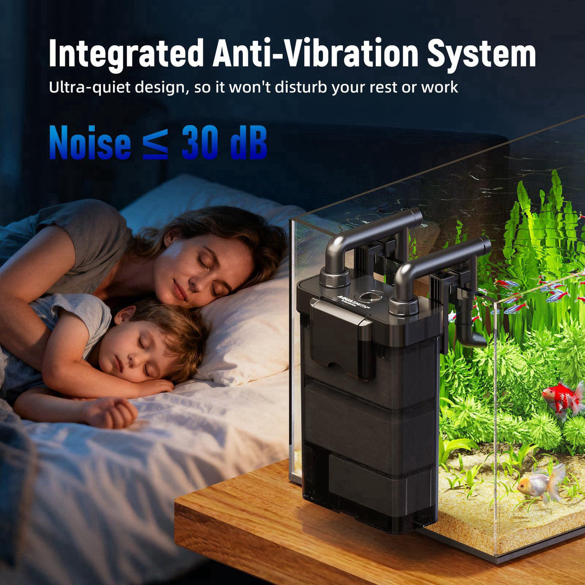 AQUASMITH Hang on Back Aquarium Filter,No-Hum Whisper-Quiet for 5-15 Gal – packaging and label
