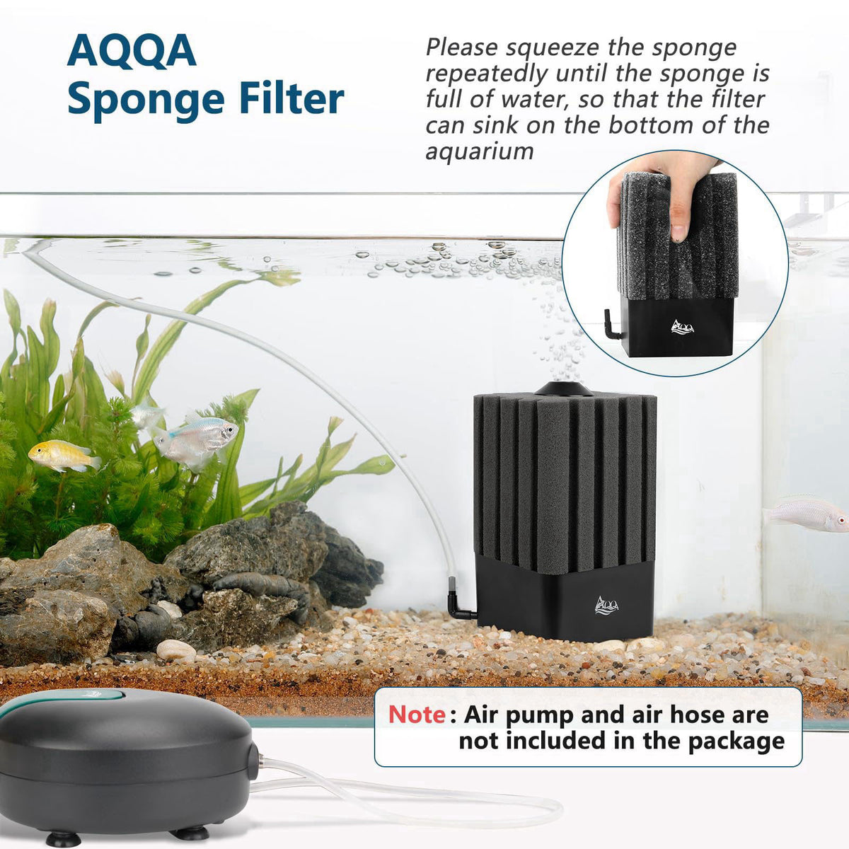 AQQA Aquarium Sponge Filter for 20-110 Gallon, Submersible Fish Tank Filter – close-up detail in Grey