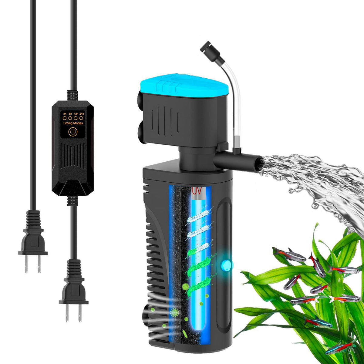 FUMAK 130GPH U - V Aquarium Filter Green Water Cleaning for 10-30 Gallon Tanks
