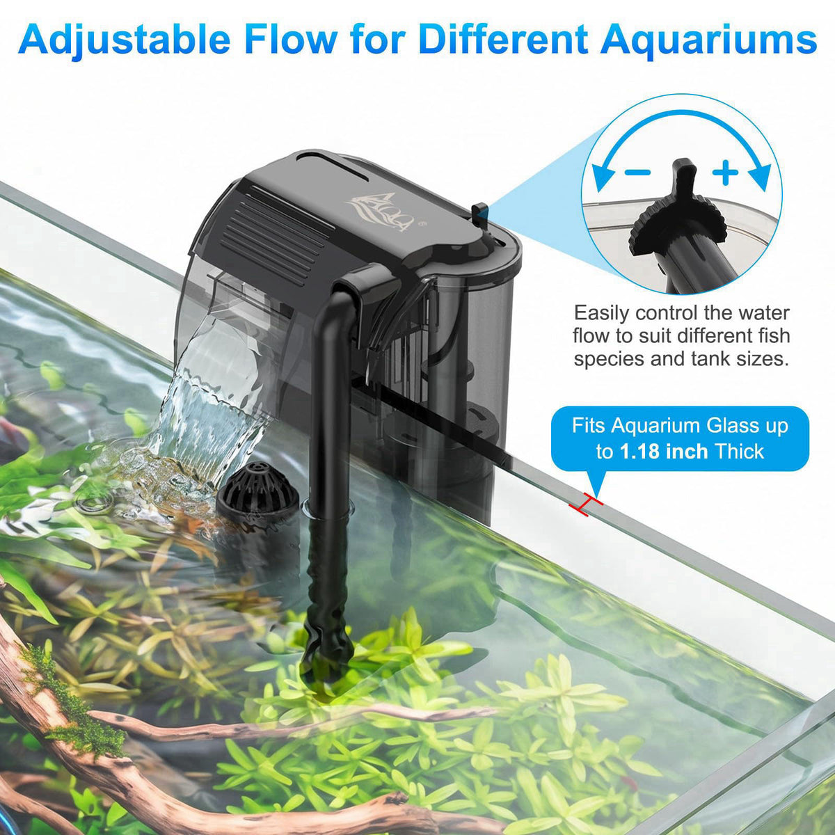 AQQA Aquarium Hang on Back Filter Slim Quiet HOB Power Filter for Fish Tank – packaging and label