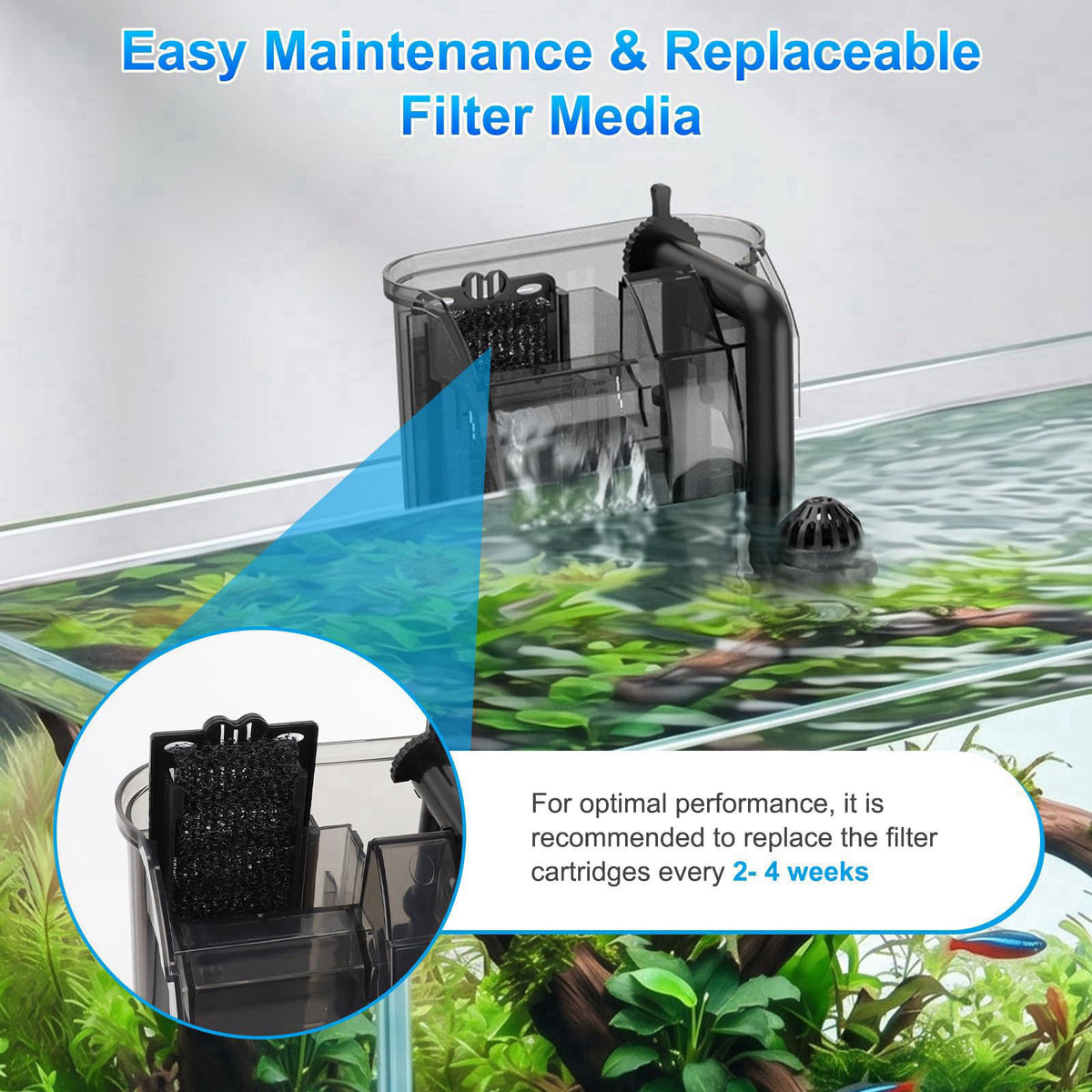 AQQA Aquarium Hang on Back Filter Slim Quiet HOB Power Filter for Fish Tank – back view and specifications