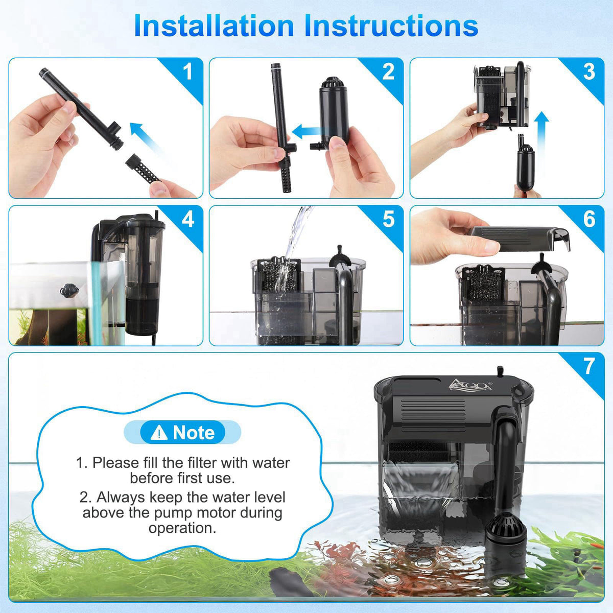 AQQA Aquarium Hang on Back Filter Slim Quiet HOB Power Filter for Fish Tank – alternate angle