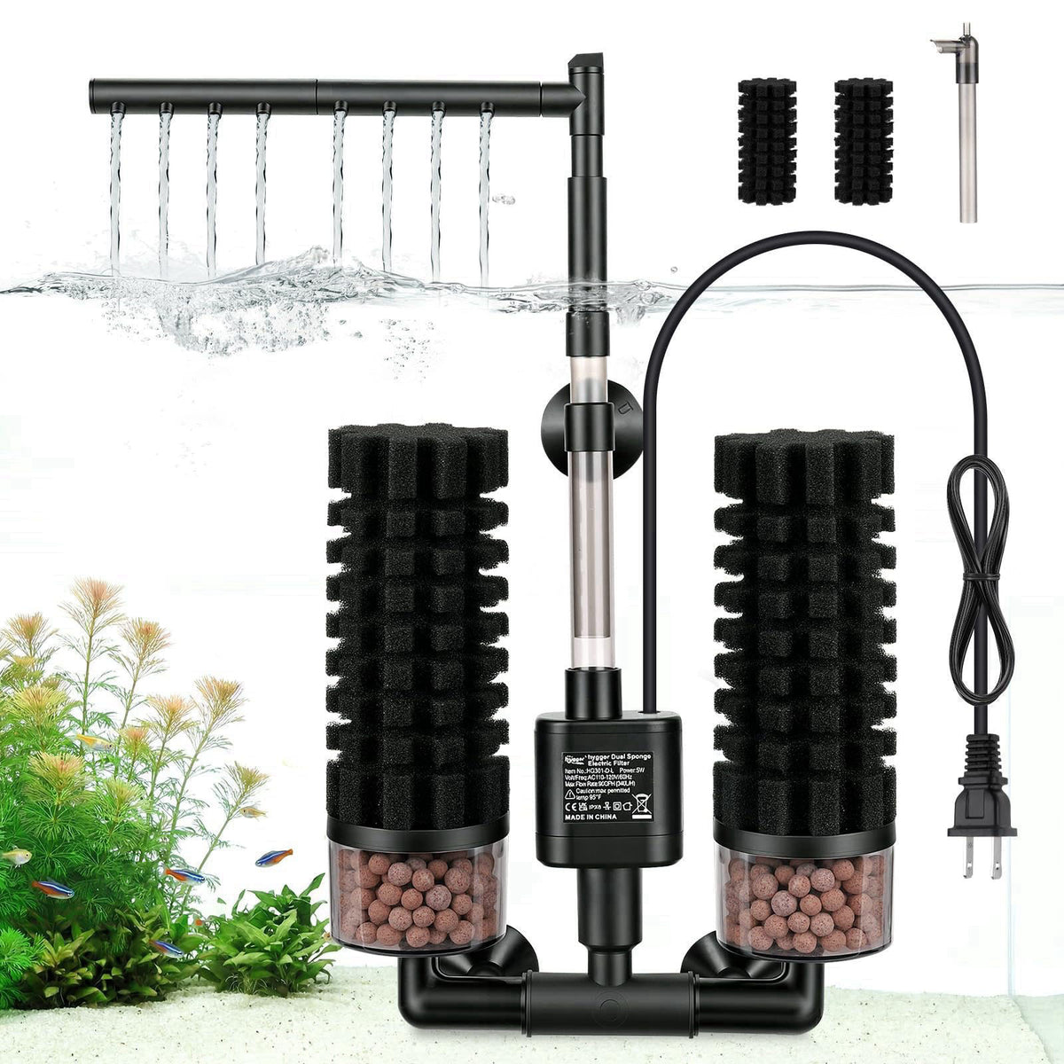 hygger Electric Aquarium Sponge Filter, 5W Quiet Fish Tank Filter Pump with 2 Spare Sponge & Bio Media Balls, Adjustable