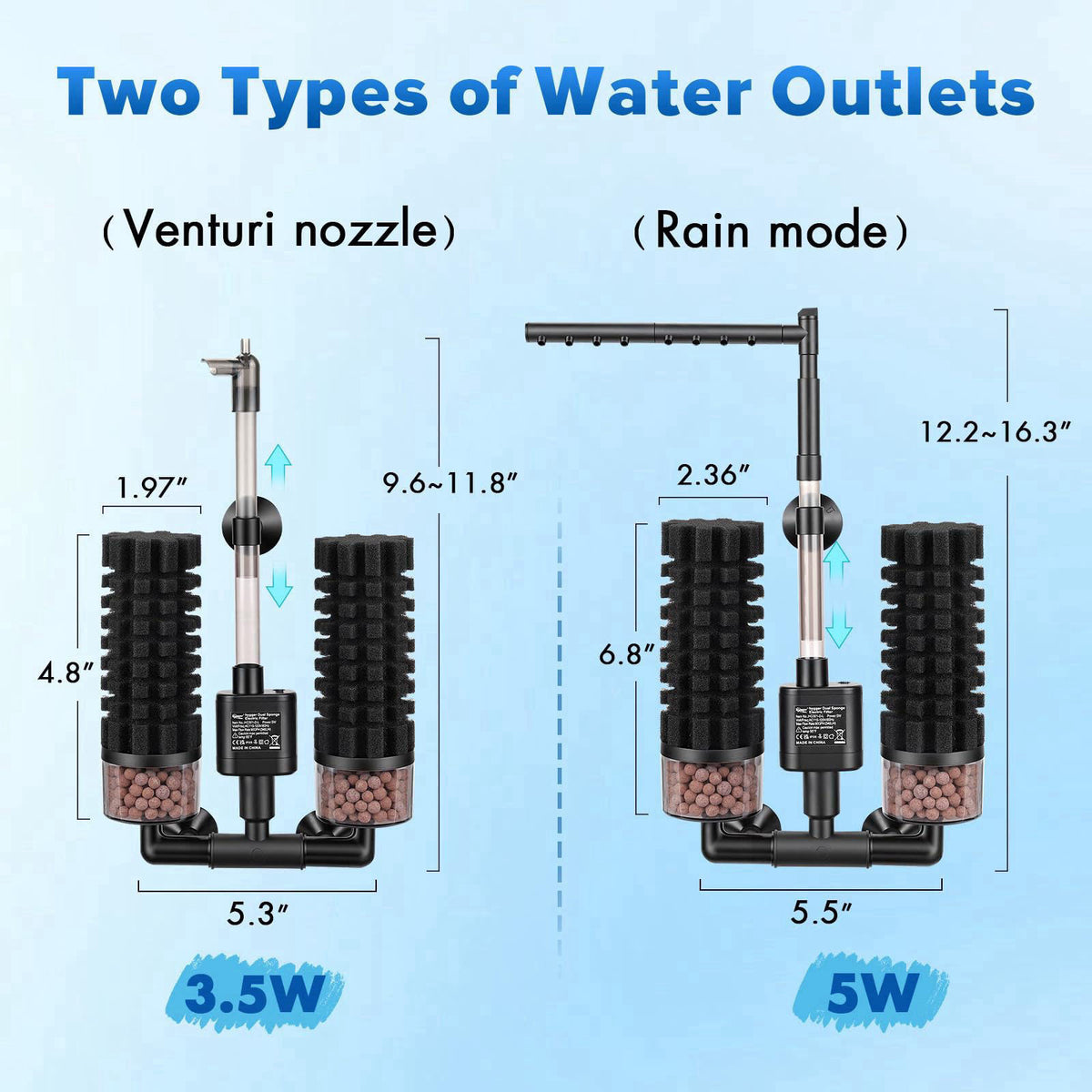 hygger Electric Aquarium Sponge Filter, 5W Quiet Fish Tank Filter Pump with 2 Spare Sponge & Bio Media Balls, Adjustable
